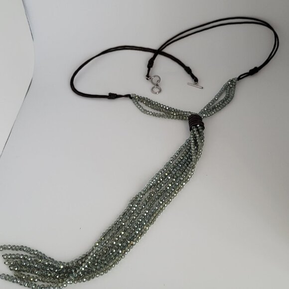 Boho Drop Tassel Necklace Cord & Crystal Bead Green AB Crystals - Picture 2 of 12